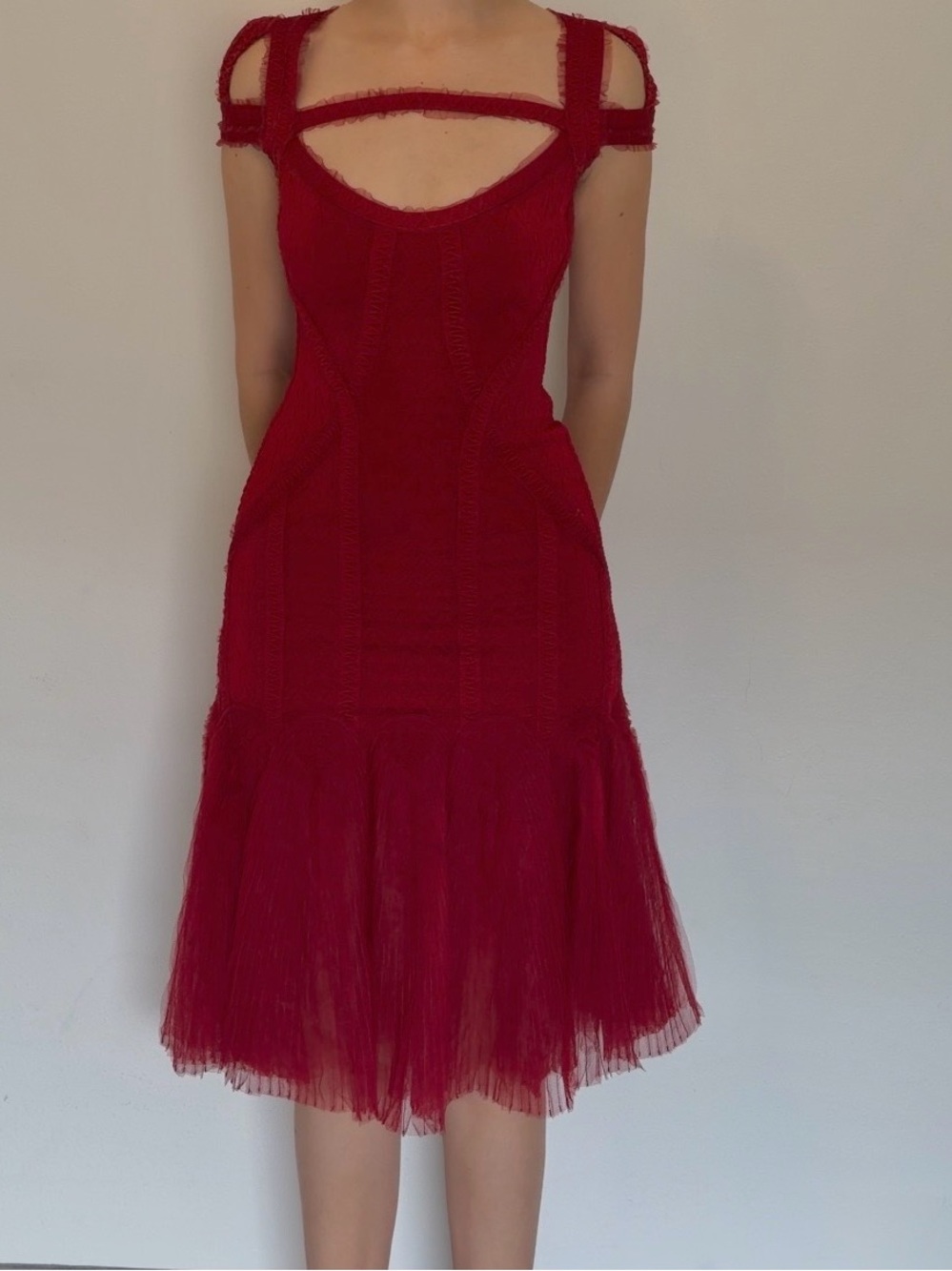 Herve Leger by Max Azria Red Bandage Mesh Cutout Midi Dress XS - Picture 2 of 11